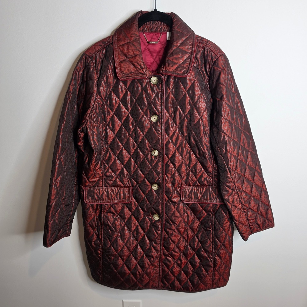 Chico's Quilted Barn Jacket Womens 2 (12/14) Red Animal Print
